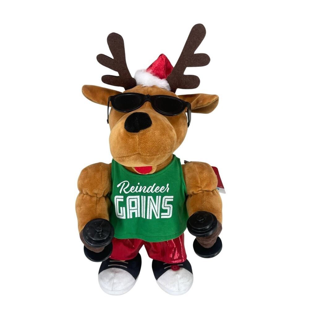 NEW Gemmy Animated Christmas Weightlifting Reindeer Dance Sing Eye of the Tiger